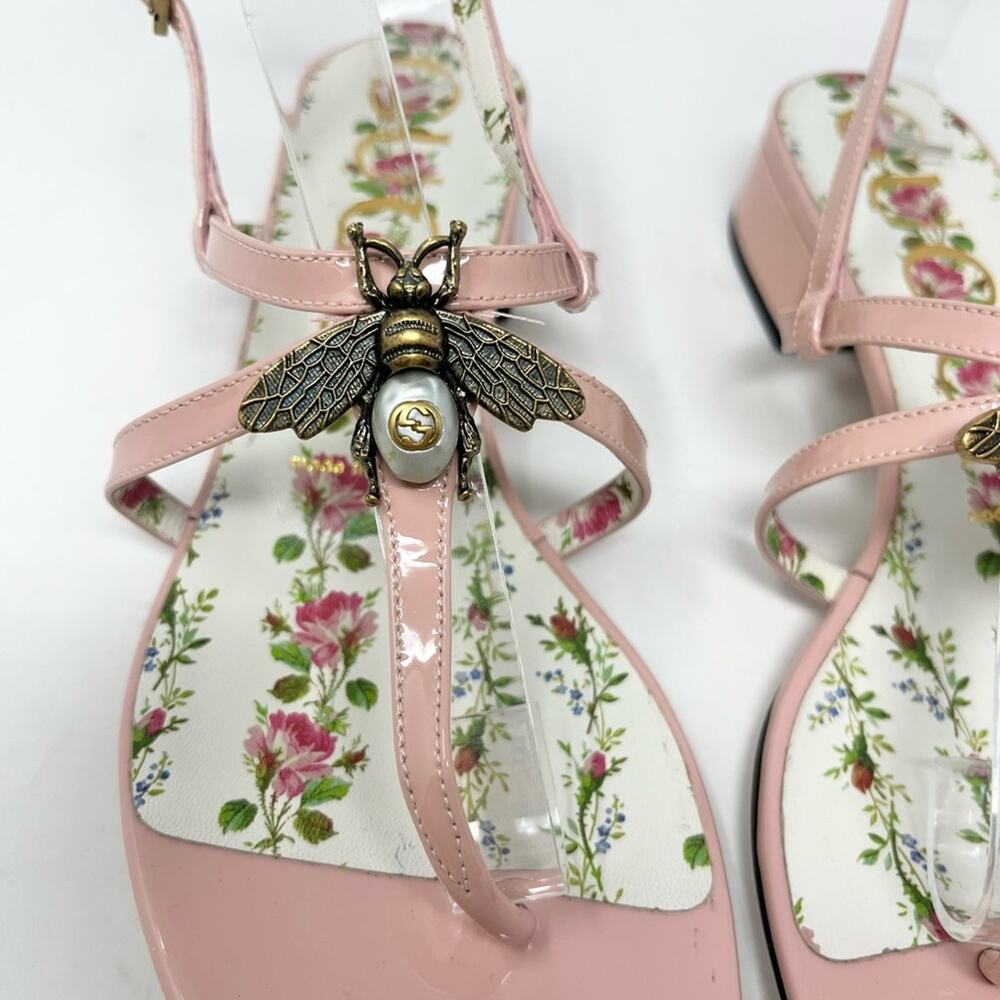 NEW Gucci Pink Patent Leather GG Bee Pearl Thong Sandal Kitten Heel Size 38.5 EU - Picture 5 of 7
